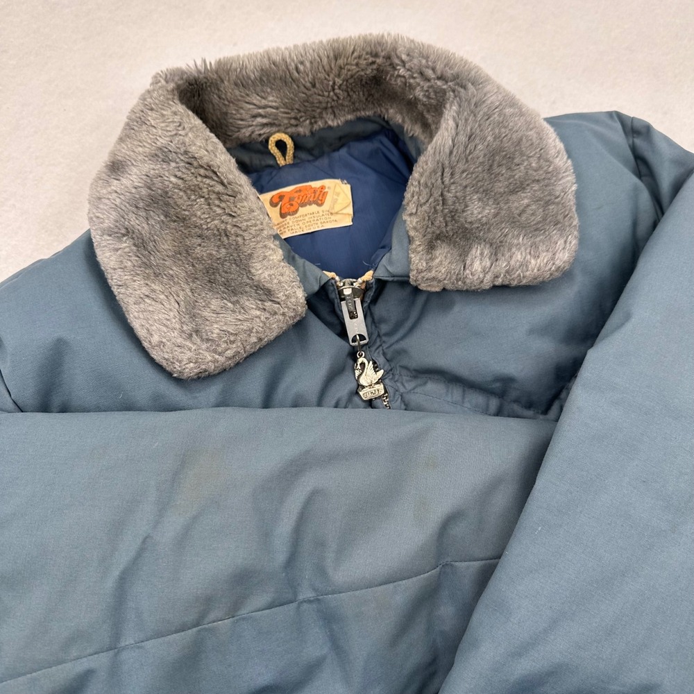 VTG Comfy Goose Down Puffer Jacket Faux Fur Collar Blue Made USA Men's XL FLAWS